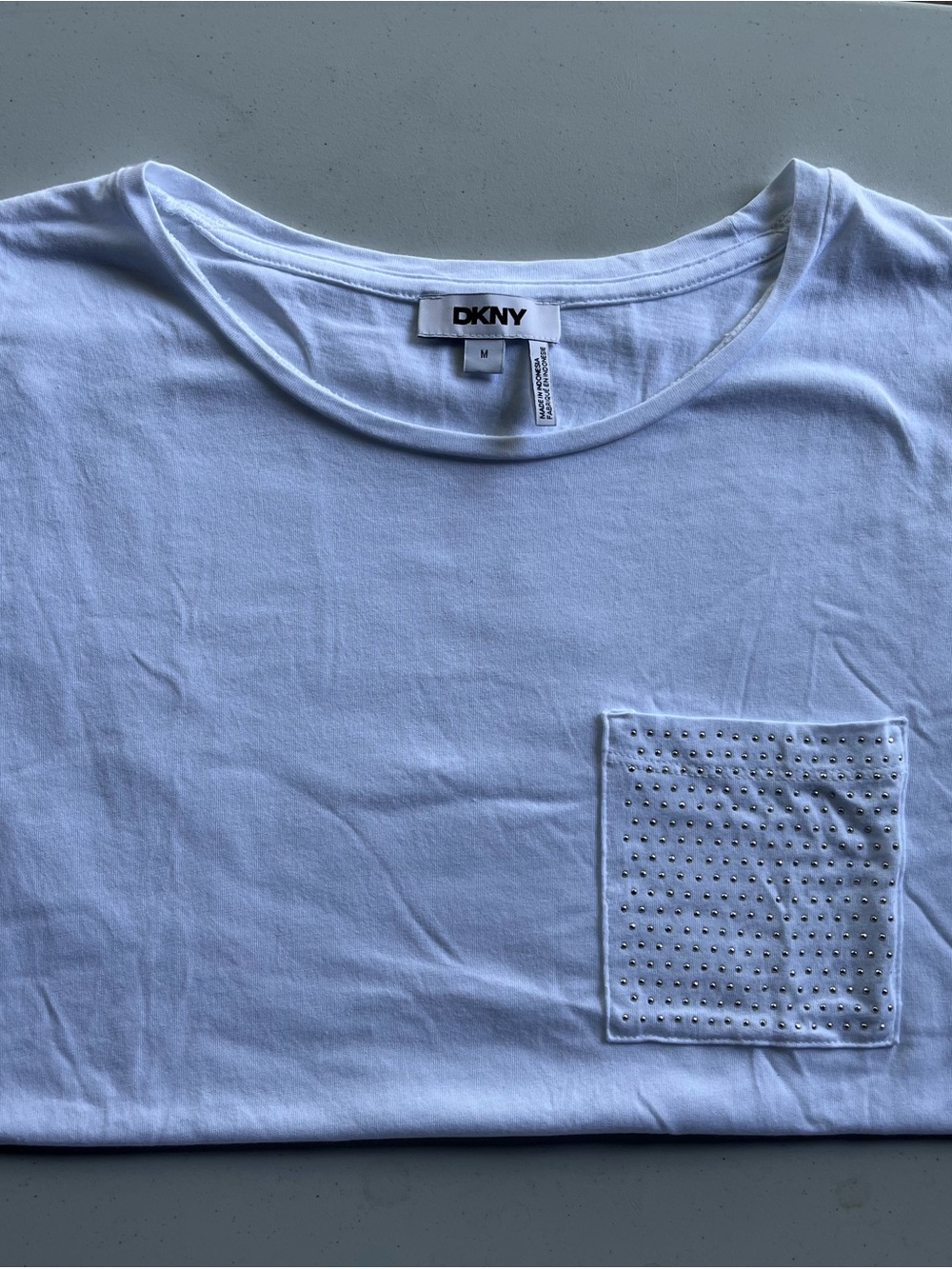 DKNY Women’s White Crew Neck Shirt with Beaded Pocket